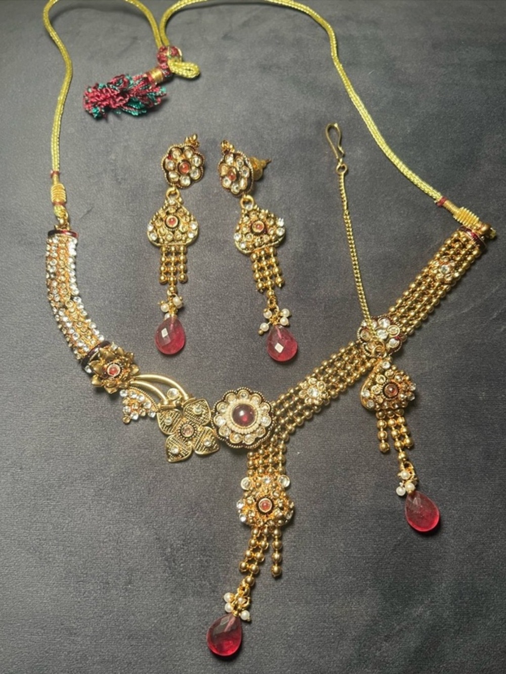 Indian/Pakistani Gold-Tone and Pink Necklace, Earring, and Tikka Set